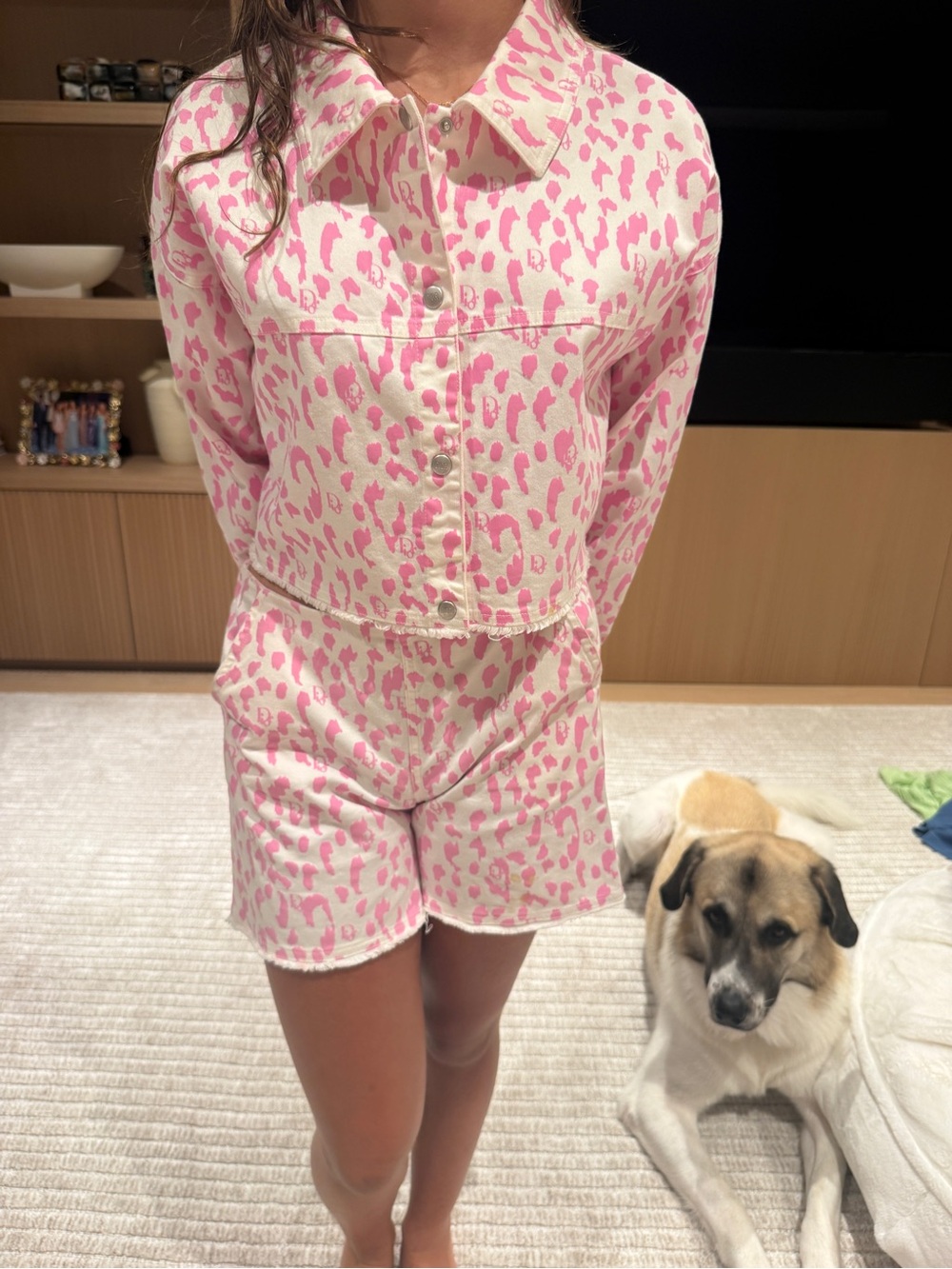Girls Pink Leopard-Print Pajama Set with Button-Front Top